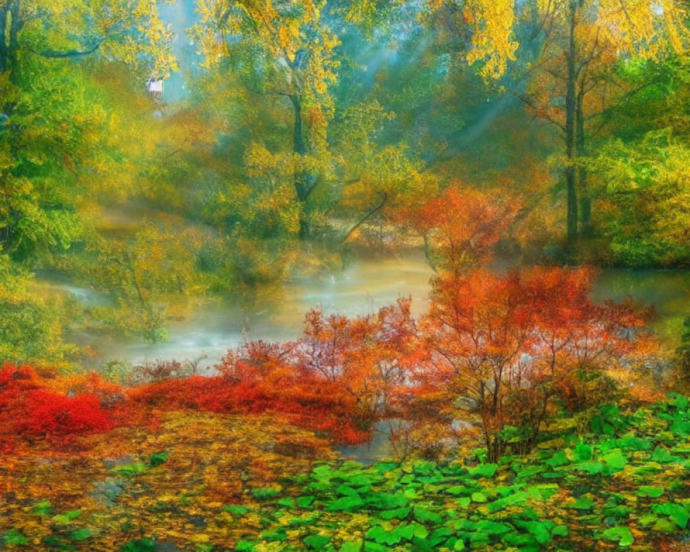 Colorful Autumn Forest with Misty River and Sunlight Beams