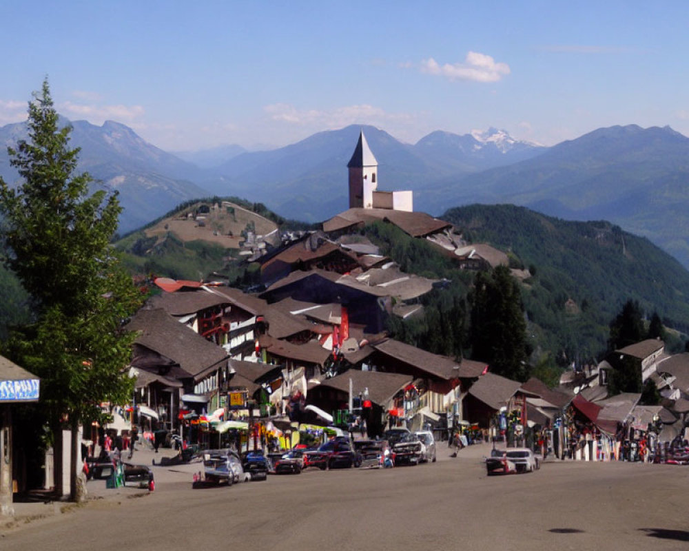 Scenic mountain village with church spire, bustling streets, and green slopes