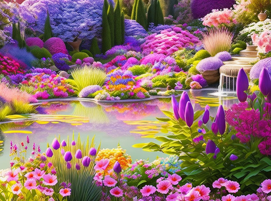 Colorful flower garden with pond and waterfall scenery