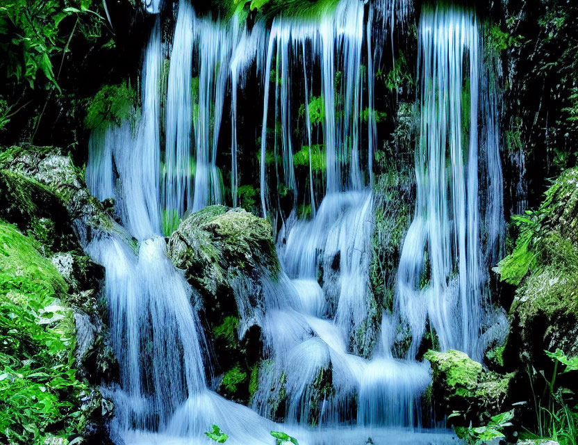 Tranquil waterfall cascading over mossy rocks in lush green setting