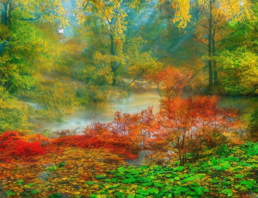 Colorful Autumn Forest with Misty River and Sunlight Beams