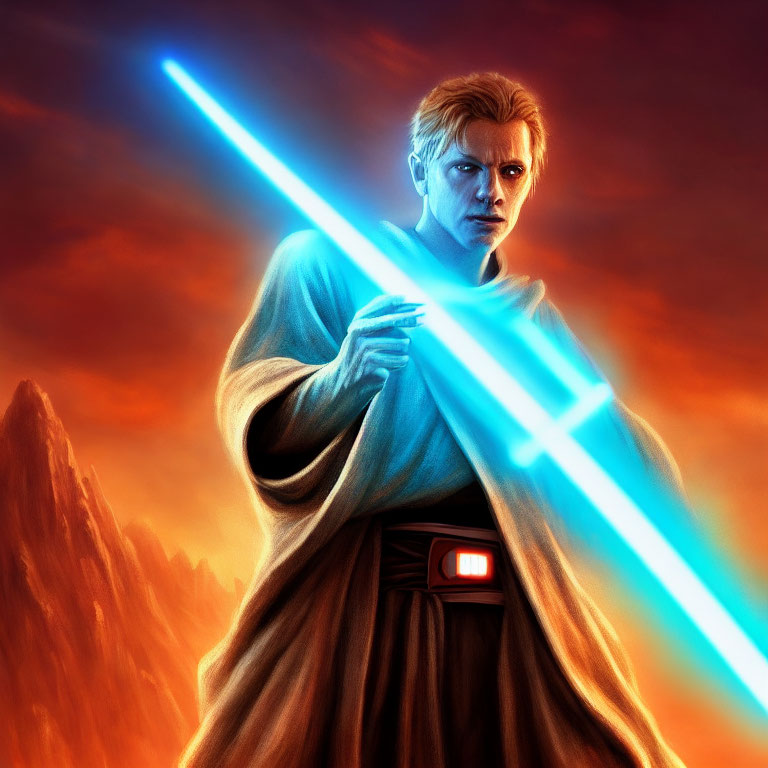 Blue lightsaber-wielding Jedi in fiery landscape, focused and determined