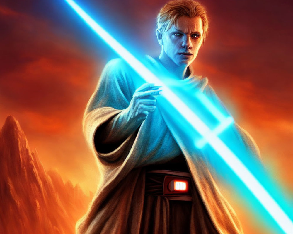 Blue lightsaber-wielding Jedi in fiery landscape, focused and determined