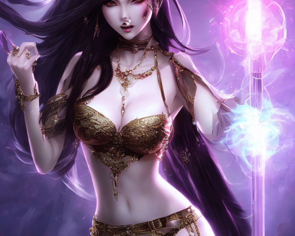 Fantasy illustration of woman with flowing hair and glowing staff