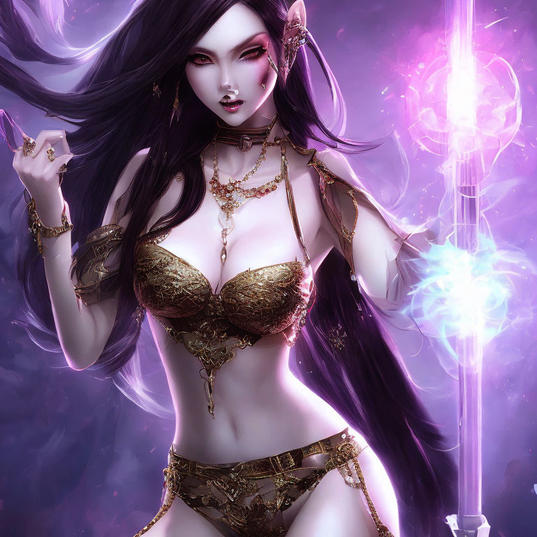 Fantasy illustration of woman with flowing hair and glowing staff