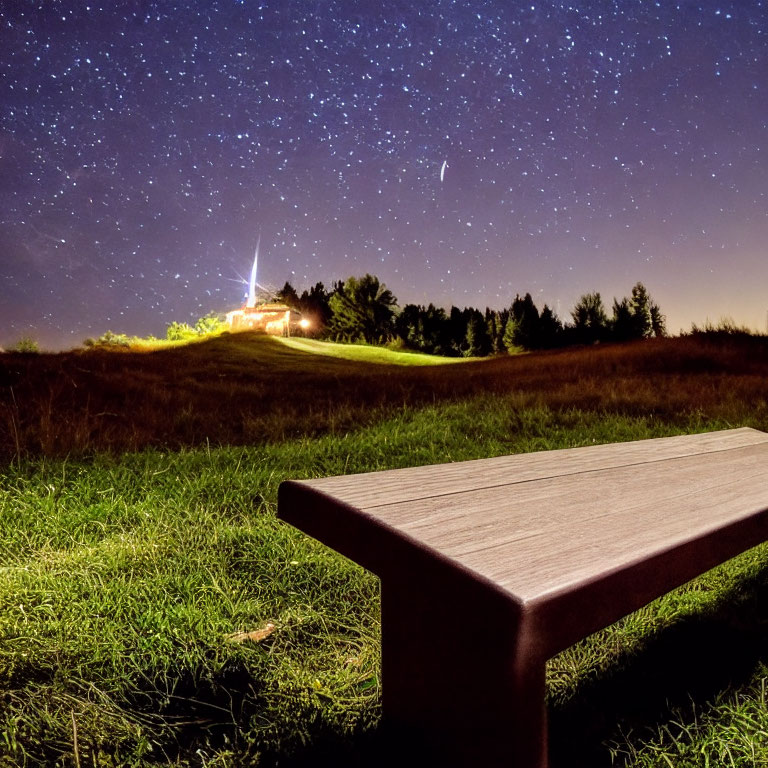 Starry Night Sky Over Hilltop House & Wooden Bench