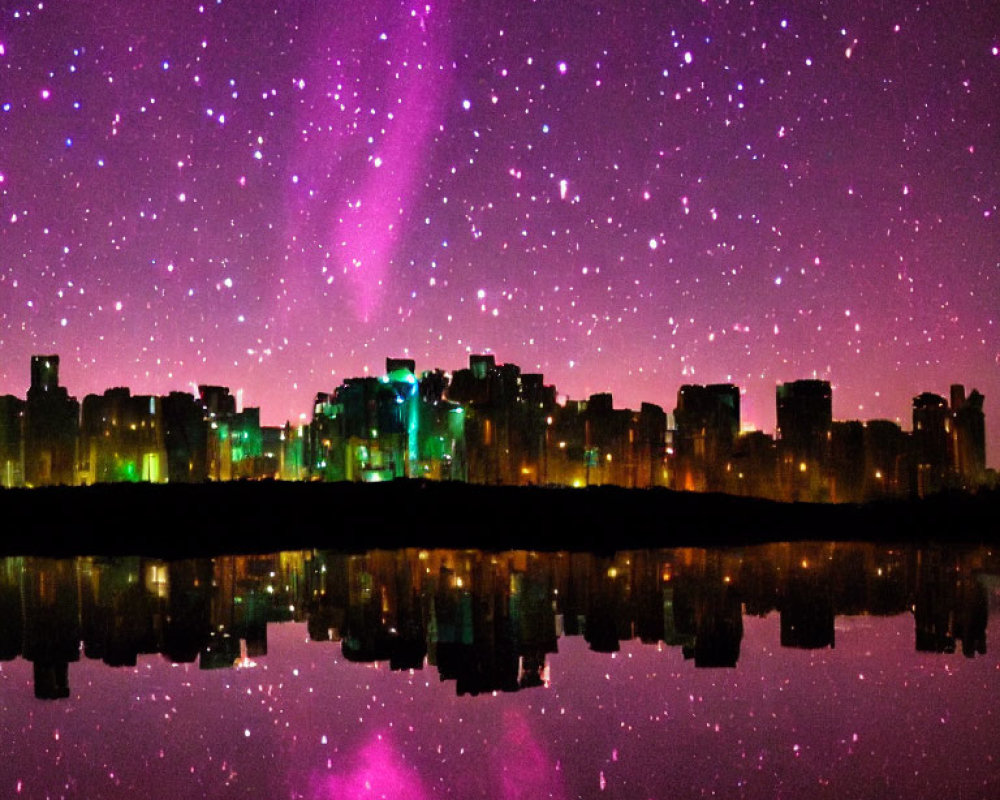 City skyline at night with vibrant purple sky reflected in water