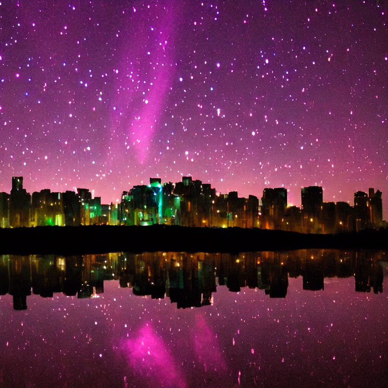 City skyline at night with vibrant purple sky reflected in water