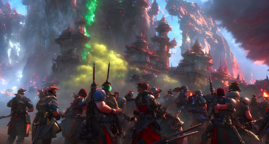 Fantasy soldiers ready for battle near castle spires under magical sky