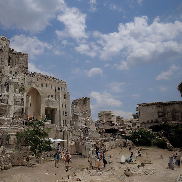 Rubble-filled Landscape with Visitors Amidst Historical Ruins