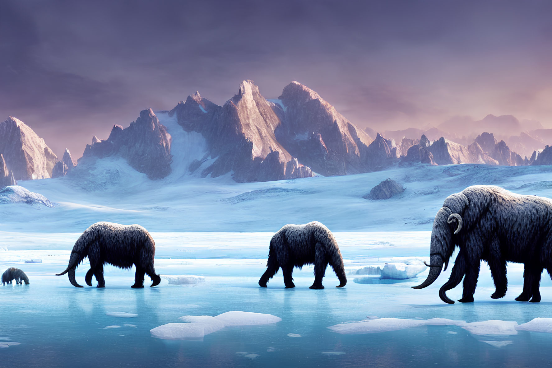 Prehistoric woolly mammoths in frozen twilight landscape