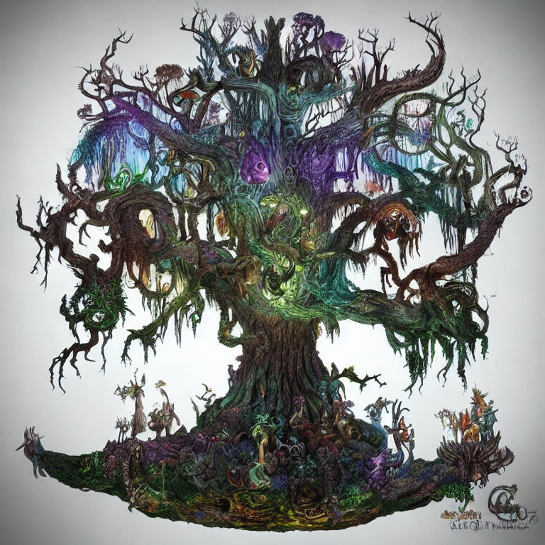 Fantastical tree with mythical creatures in mystical setting