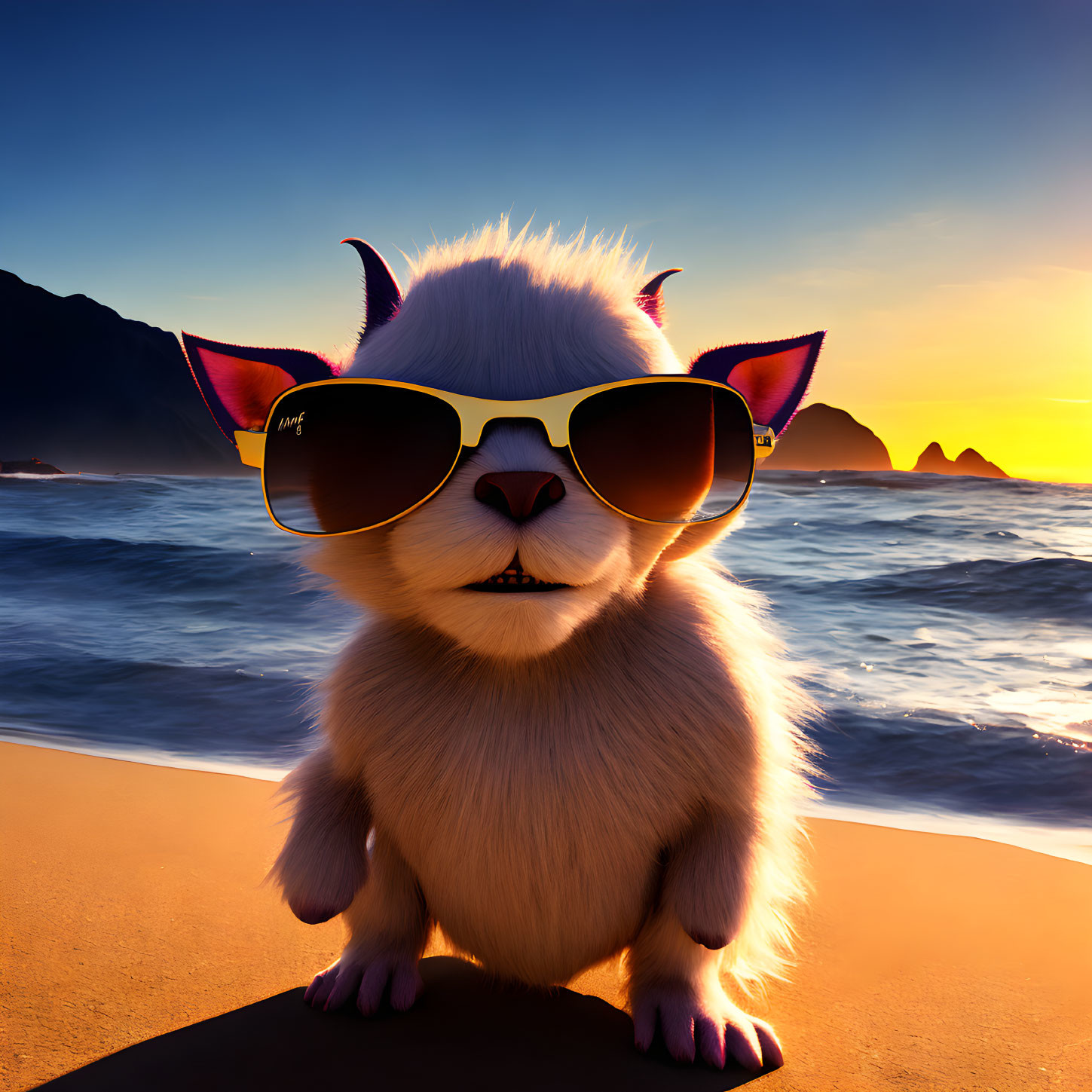 Fluffy white cat with sunglasses on beach at sunset