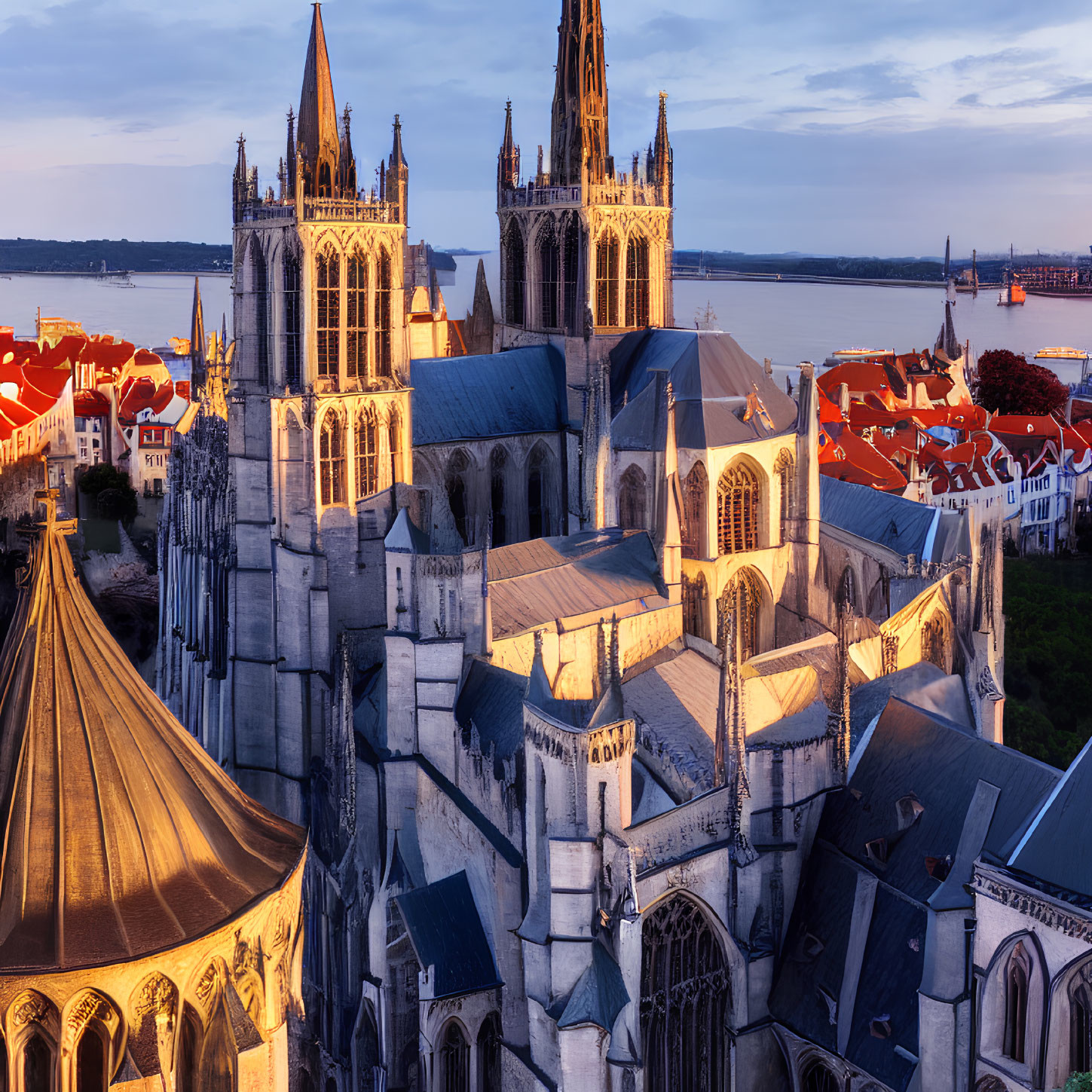 Gothic cathedral with flying buttresses and spires in cityscape at twilight