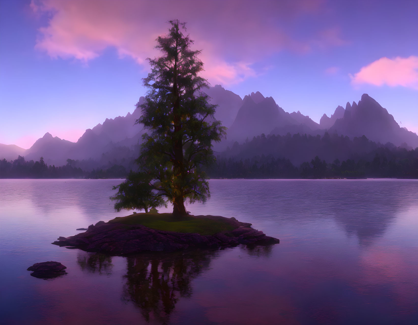 Lone tree on island in calm lake with purple mountains at twilight