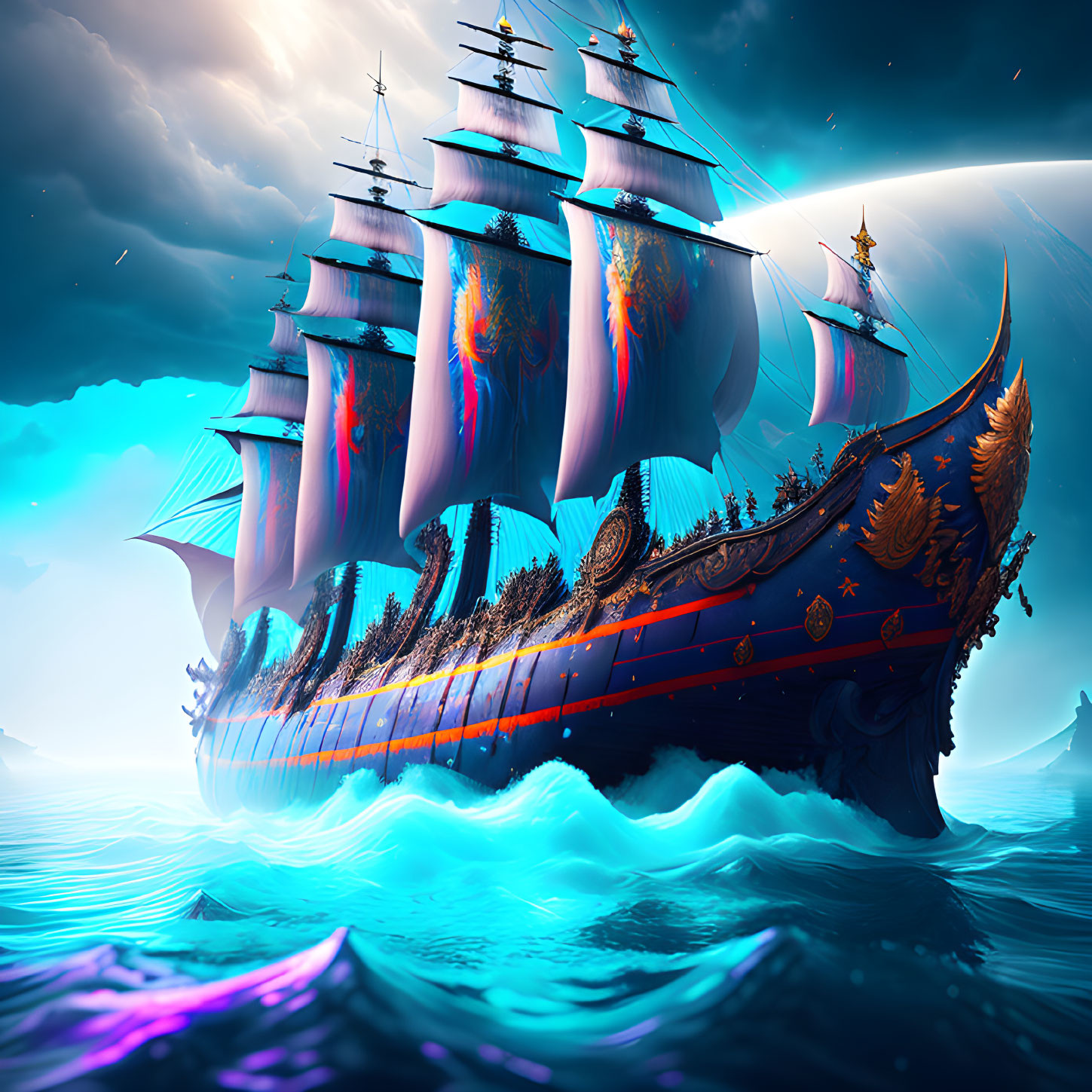 Fantasy ship with ornate decorations sailing on vibrant sea under surreal sky.