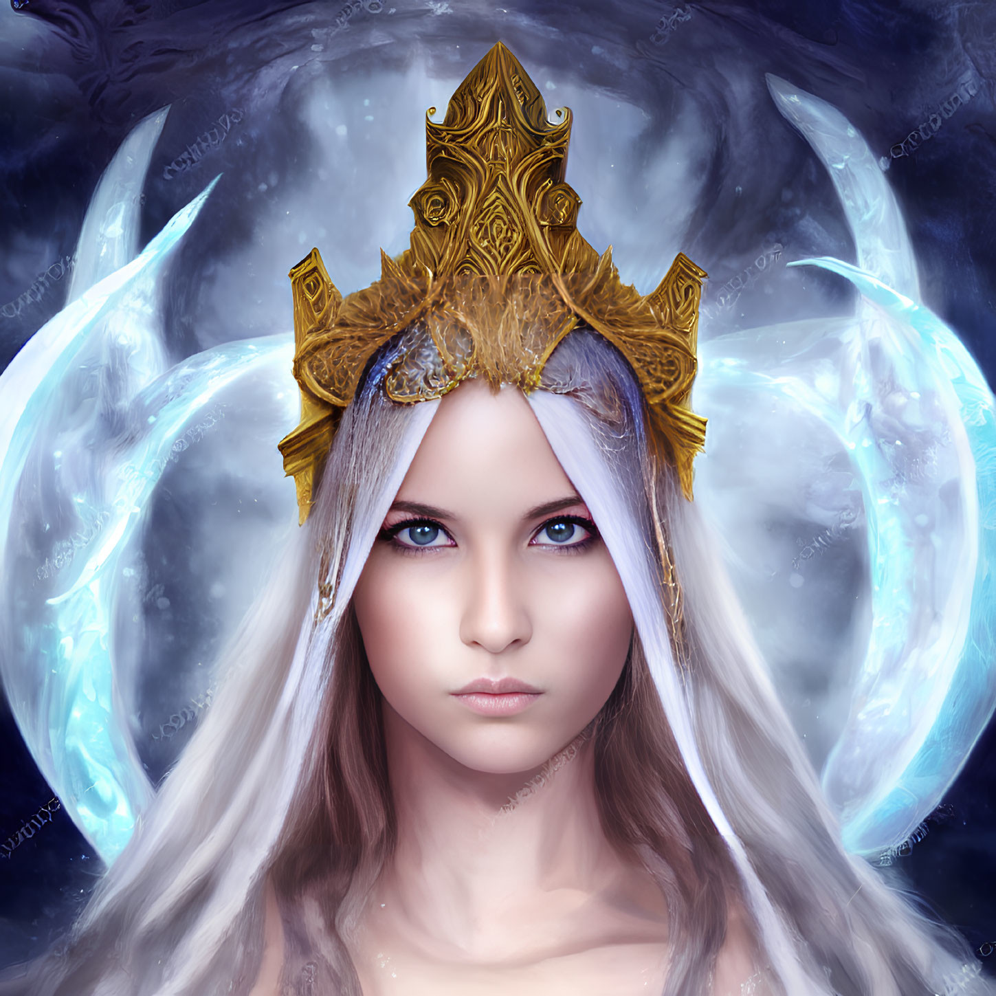 Fantasy portrait of woman with white hair, blue eyes, gold crown, and ethereal wings