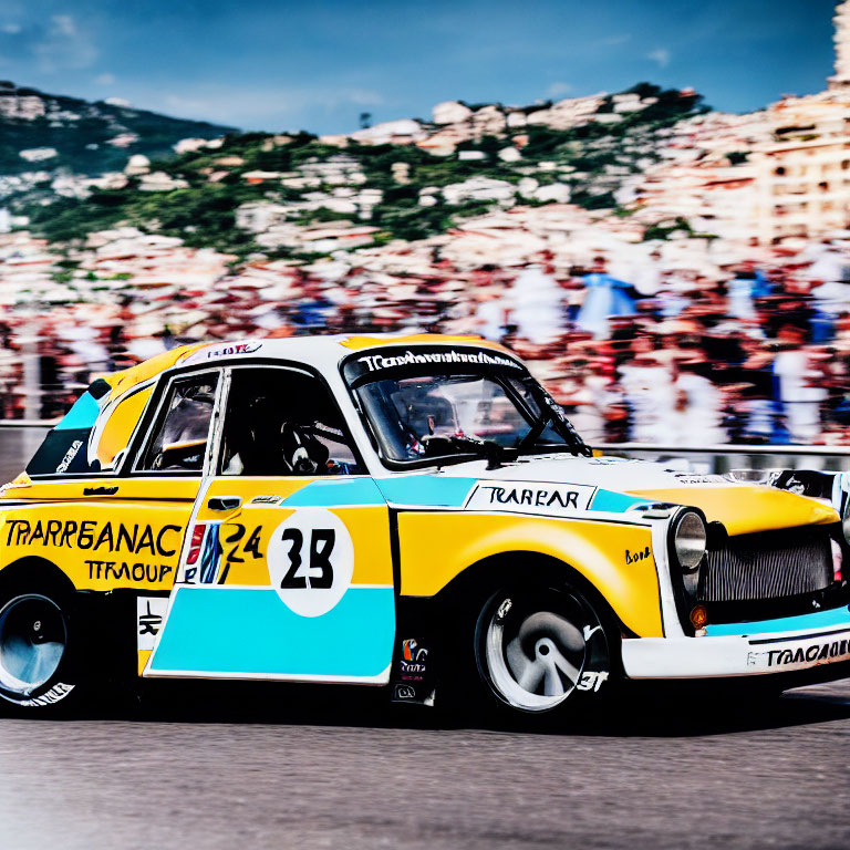 Colorful Vintage Racing Car Speeds on Track with Sponsorship Decals