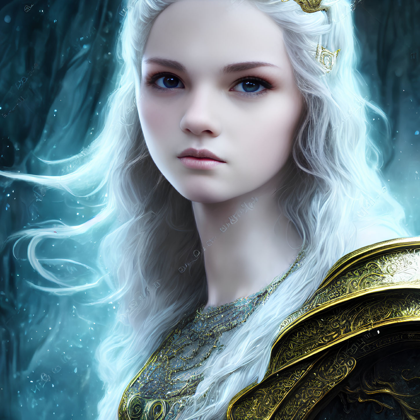 Ethereal woman with pale skin, white hair, and blue eyes in regal attire