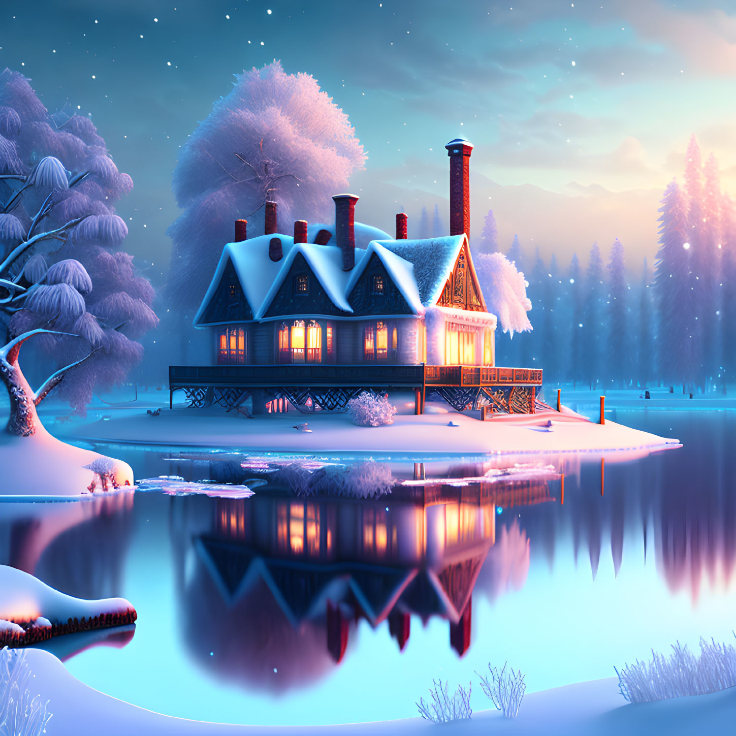 Snow-covered cottage by tranquil lake under twilight sky