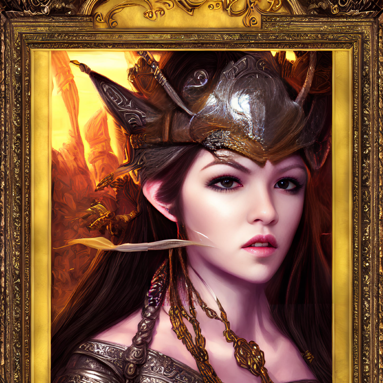 Intense gaze woman in detailed helmet, fiery background, ornate golden frame