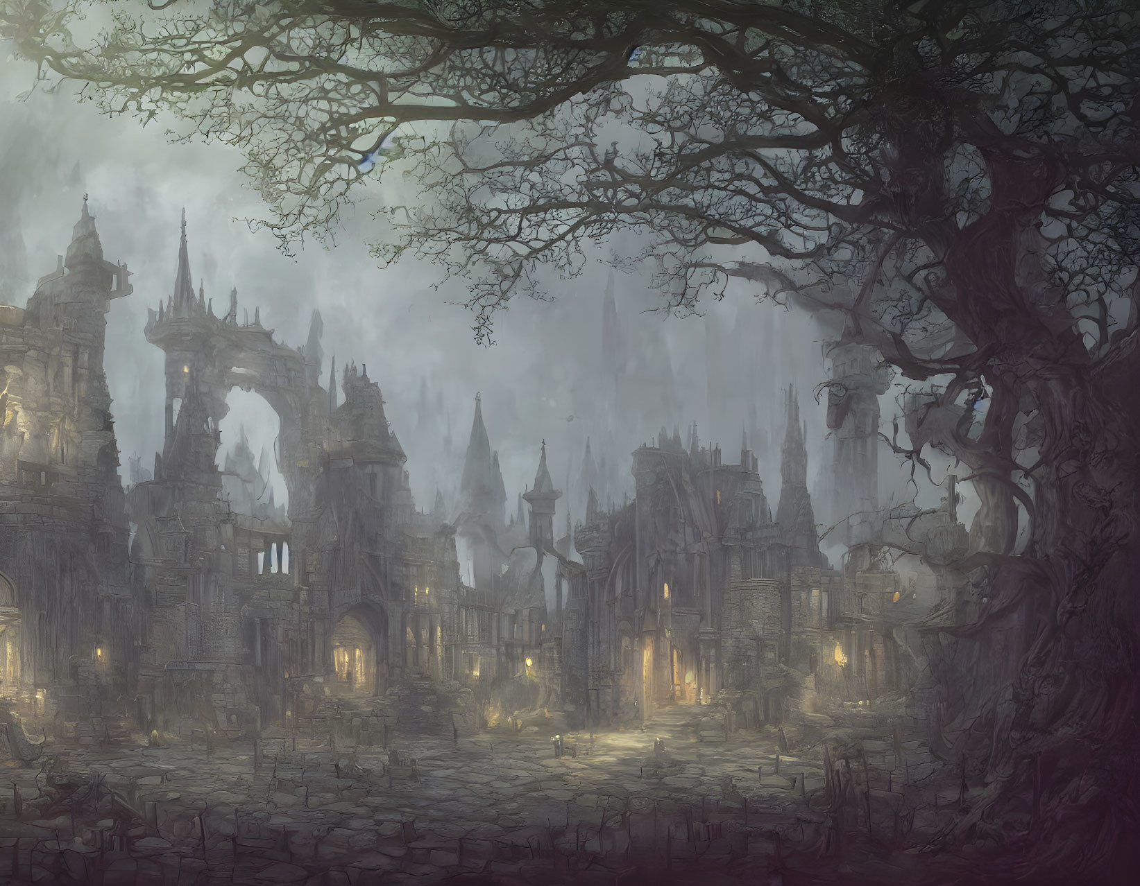 Gothic-style ruins in foggy fantasy landscape