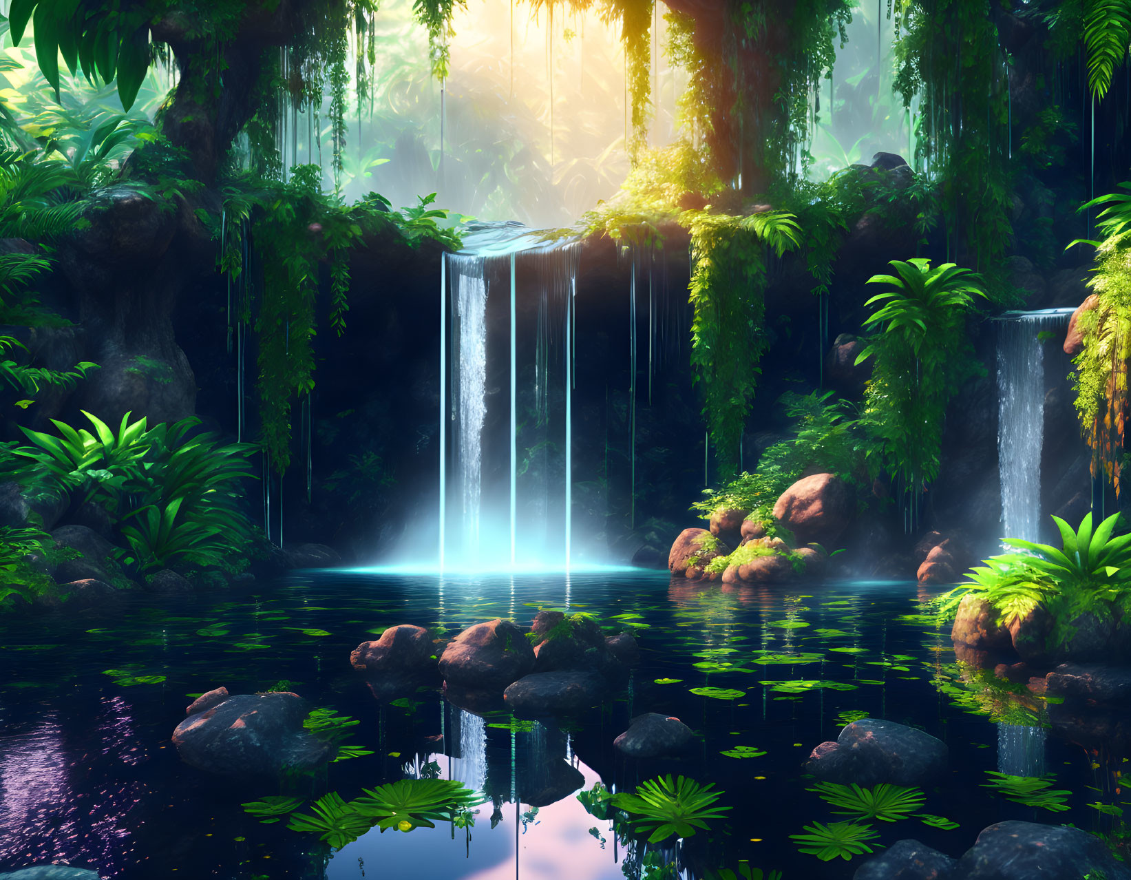 Tranquil waterfall in lush sunlit forest