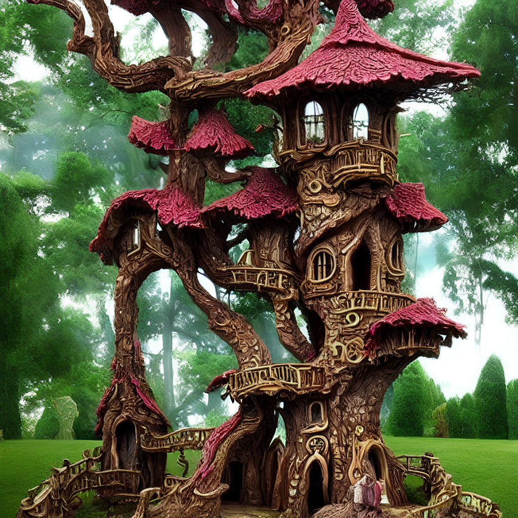 Intricate Fantasy Treehouse with Pink-Roofed Towers