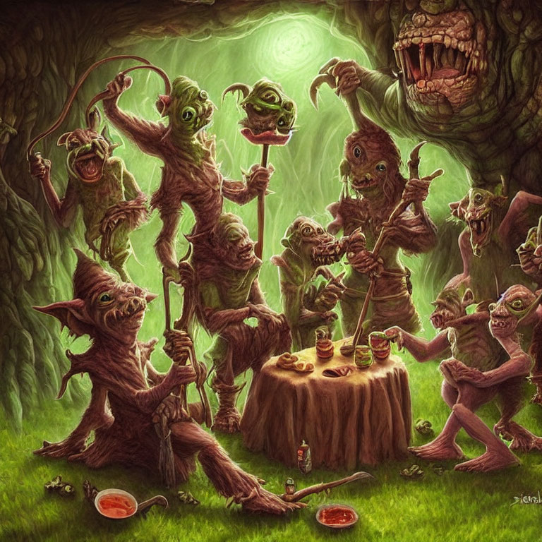 Whimsical goblins having a lively forest gathering