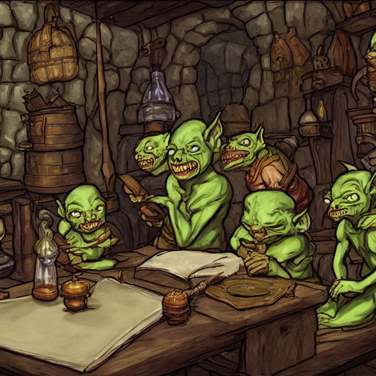 Five mischievous goblins in rustic interior with cluttered shelves and artifacts.