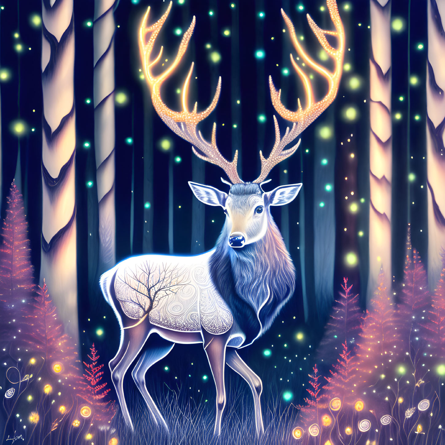 Majestic glowing deer in mystical forest at night