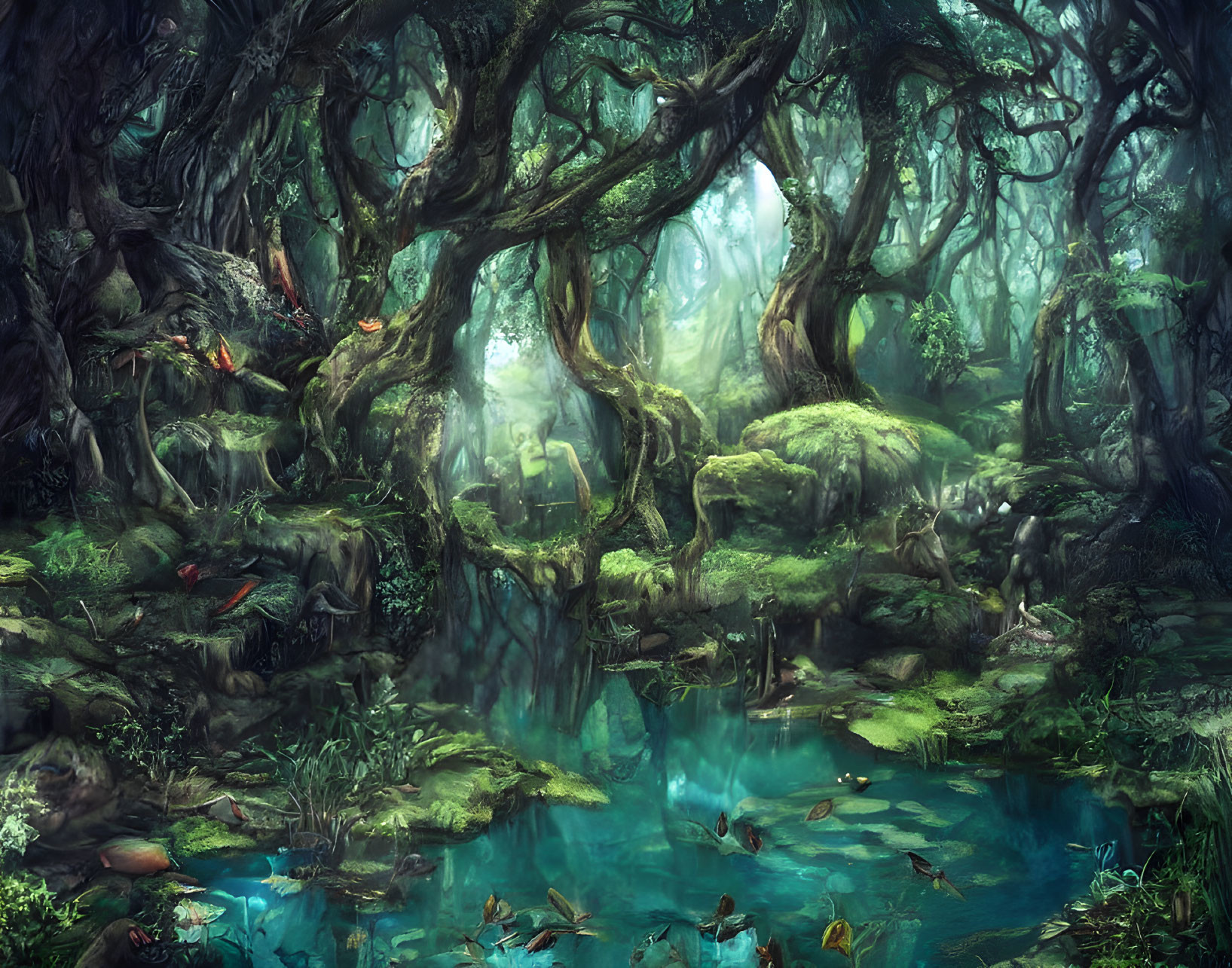 Mystical forest with ancient trees, moss, fog, and tranquil pond