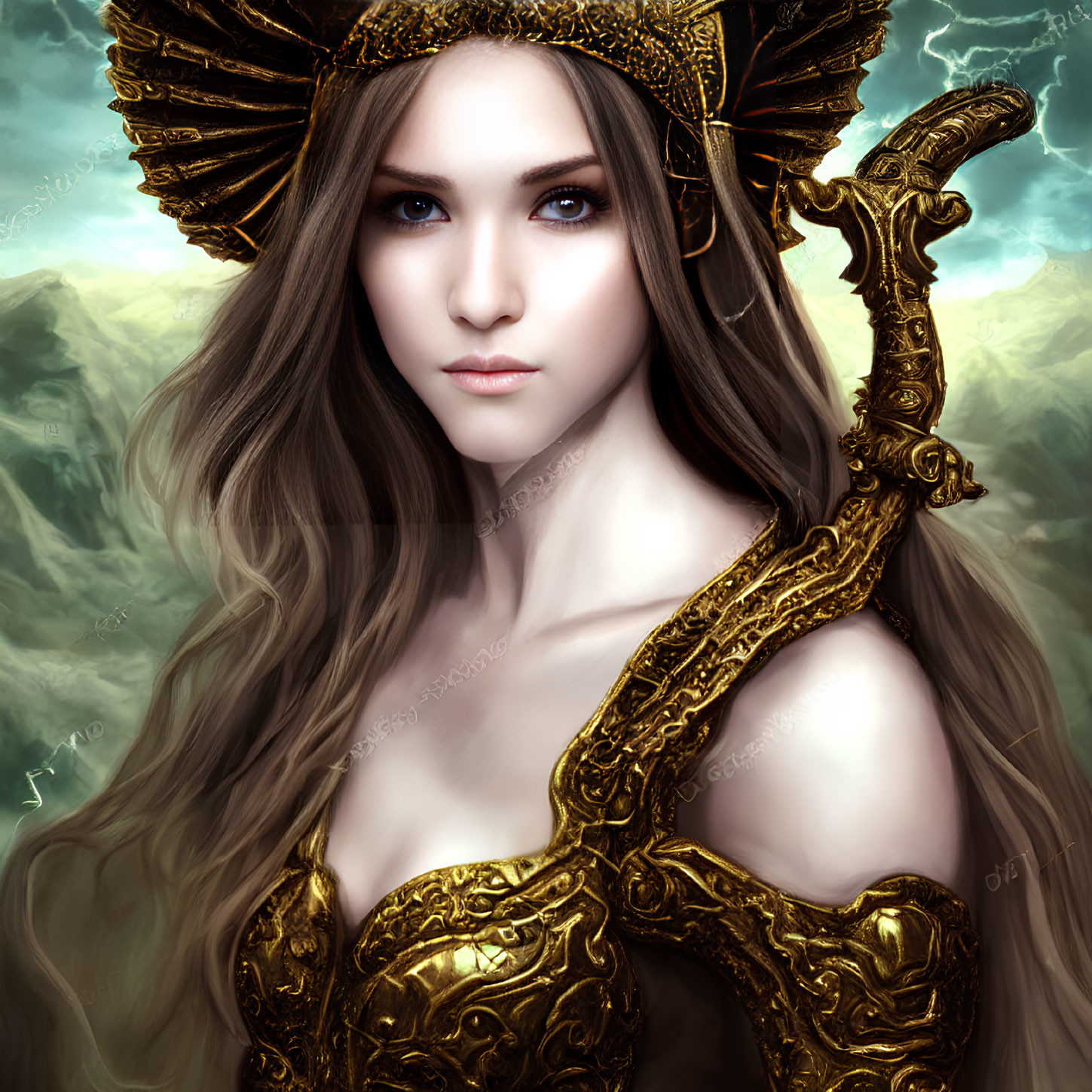 Mystical woman in gold headpiece and armor with long brown hair