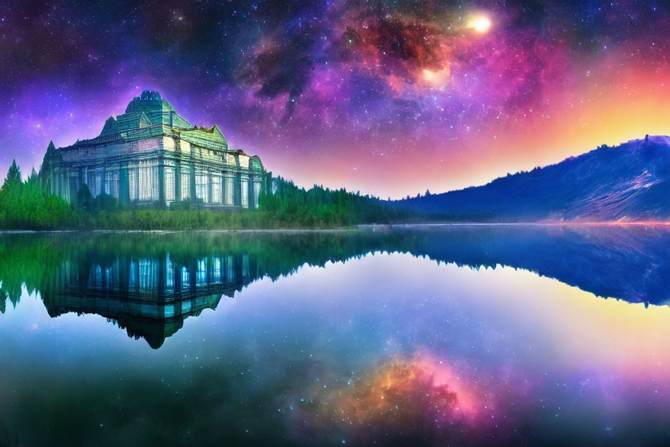 Grand classical building reflected in calm lake under vibrant galaxy night sky