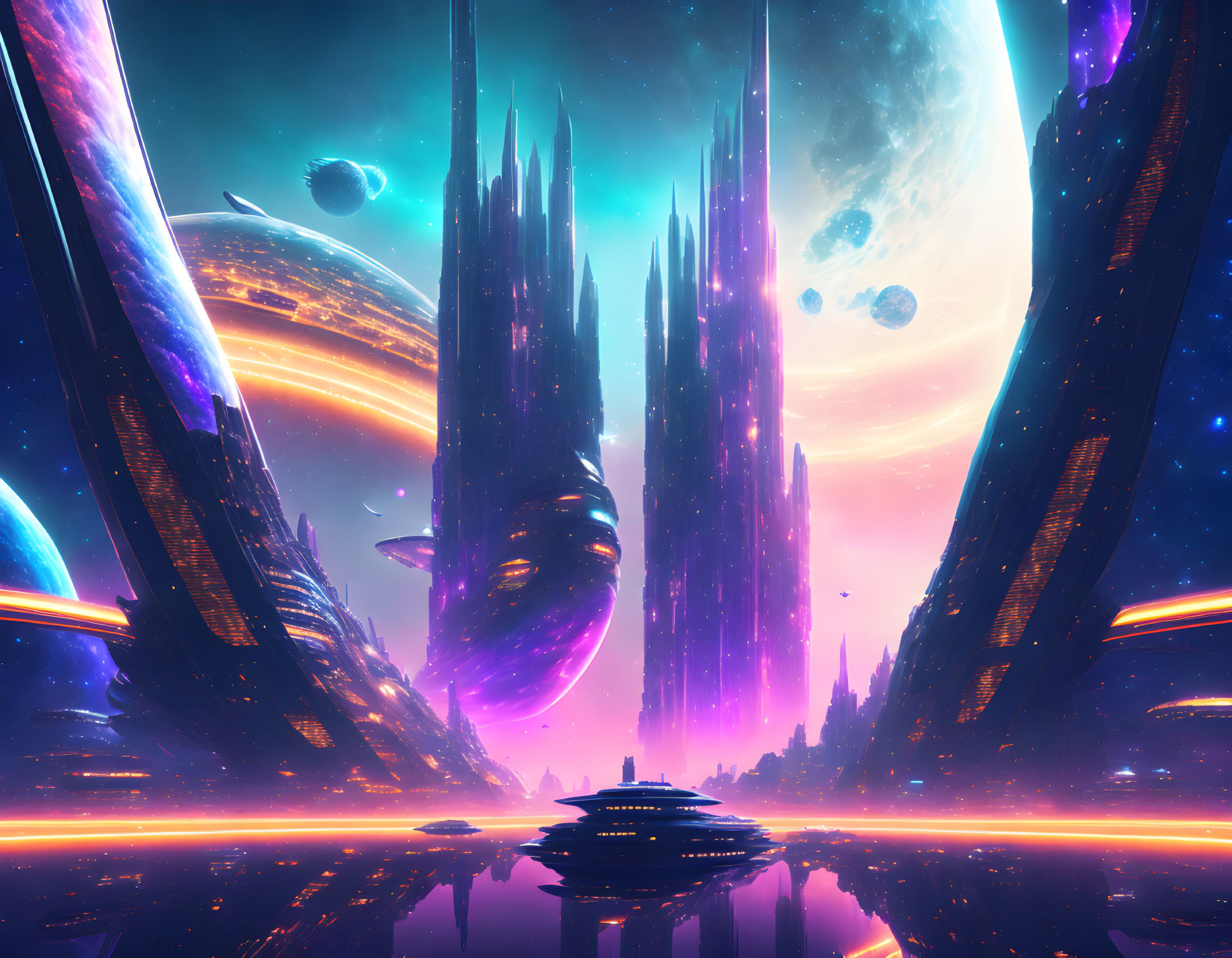 Futuristic cityscape with neon lights and celestial bodies on glossy surface