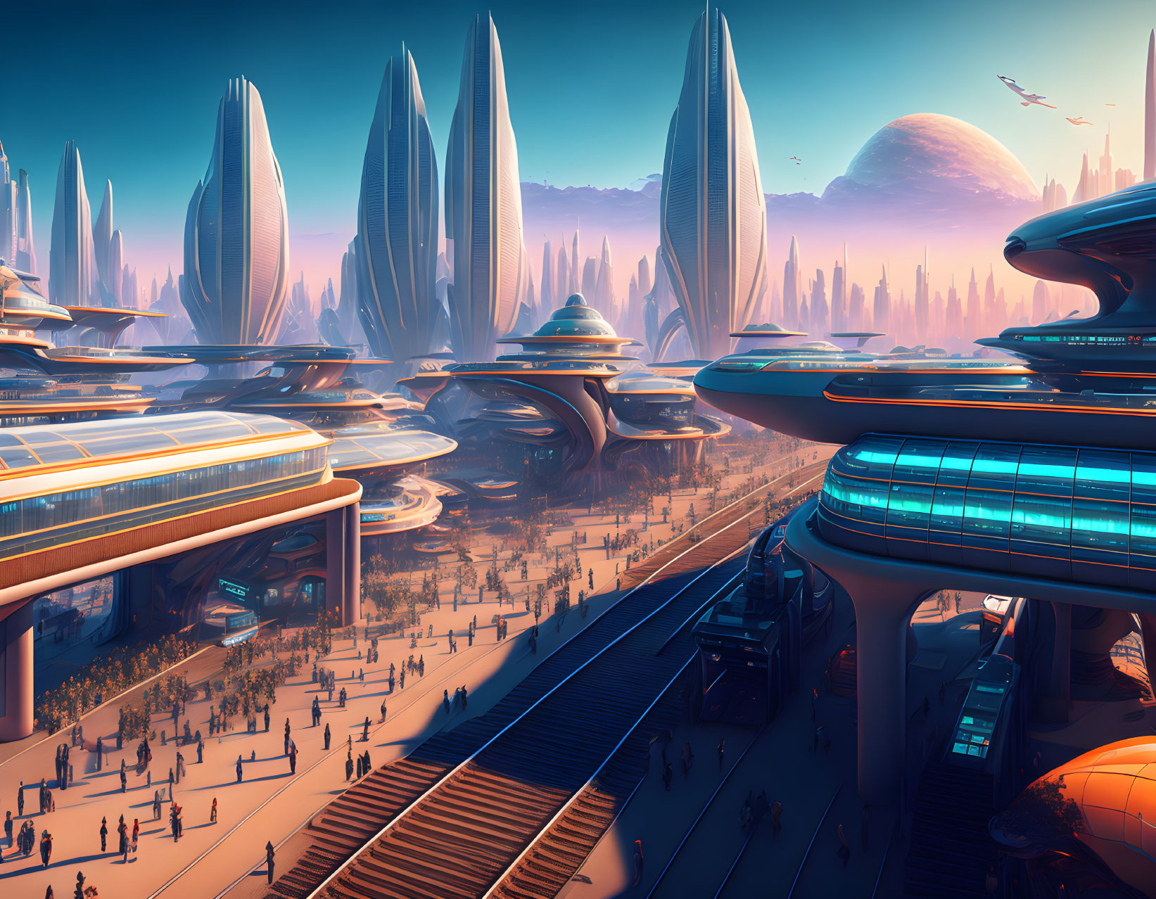 Sleek futuristic cityscape with towering buildings and large planet in the sky