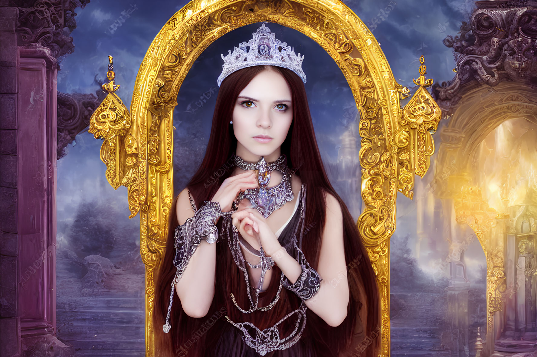 Regal woman in queen attire with crown and rosary in mystical setting