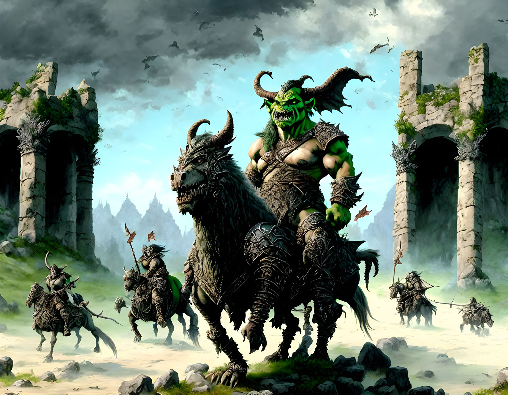 Muscular orc warrior on giant boar with others in ruins