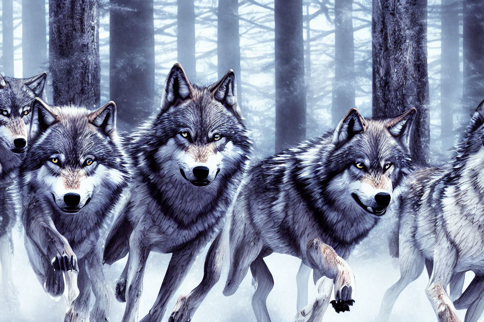 Wolves Running in Snowy Forest with Intense Gazes