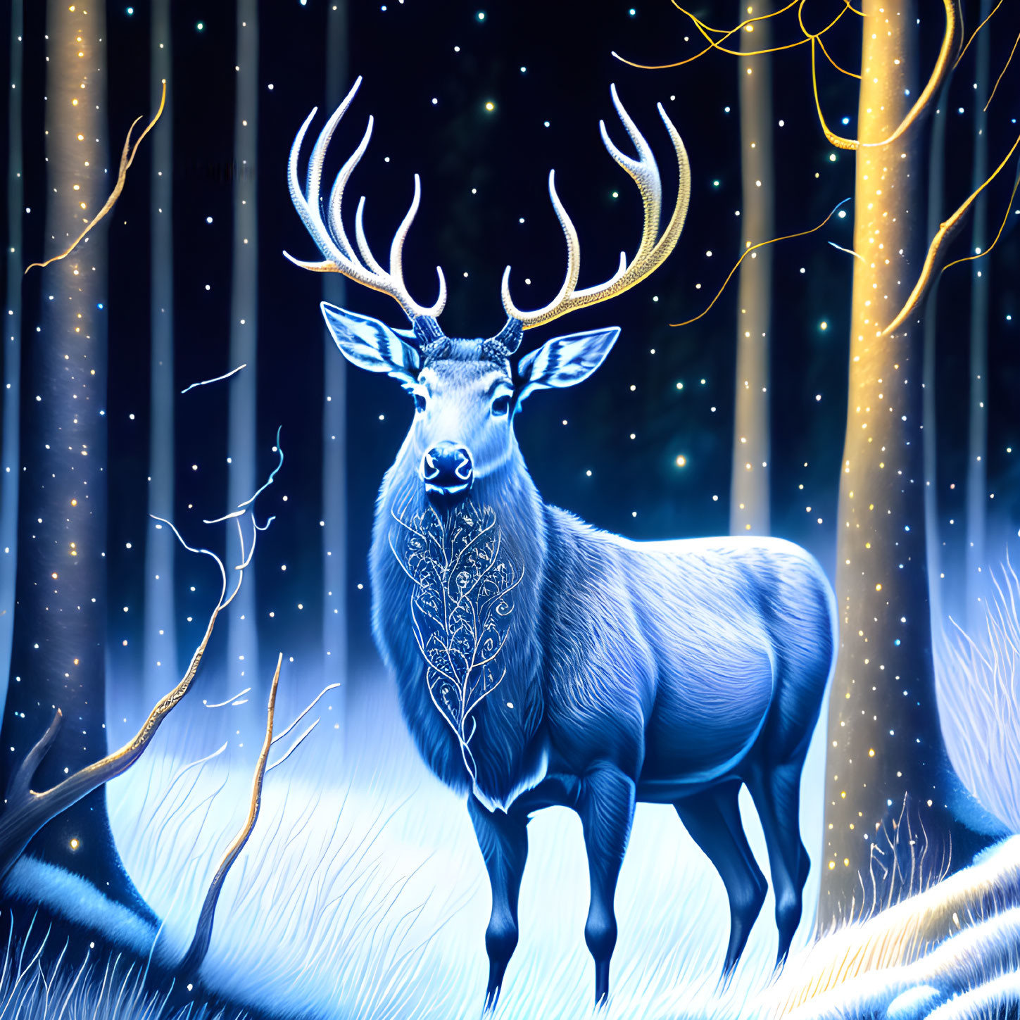 Majestic stag with glowing antlers in mystical winter forest