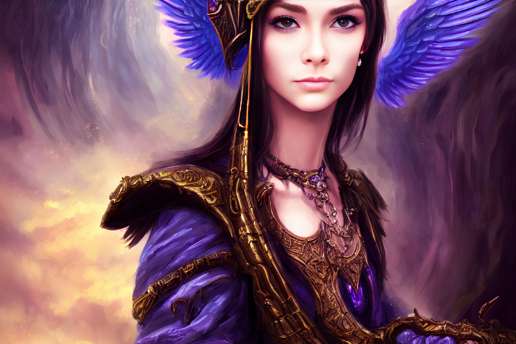 Fantasy digital artwork of female character with blue feathered ears and purple-gold armor