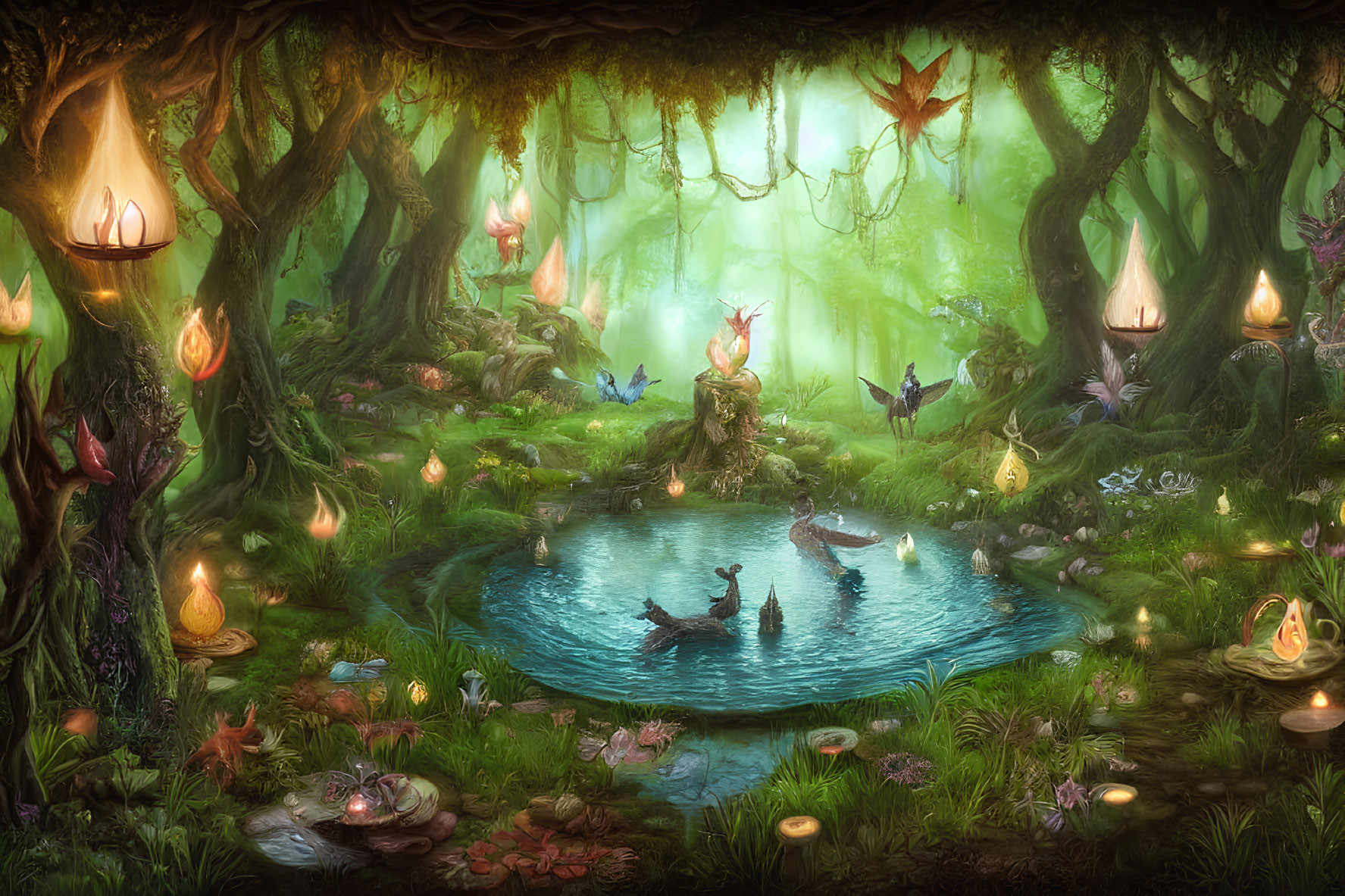 Serene Pond and Luminous Flowers in Enchanted Forest Glade