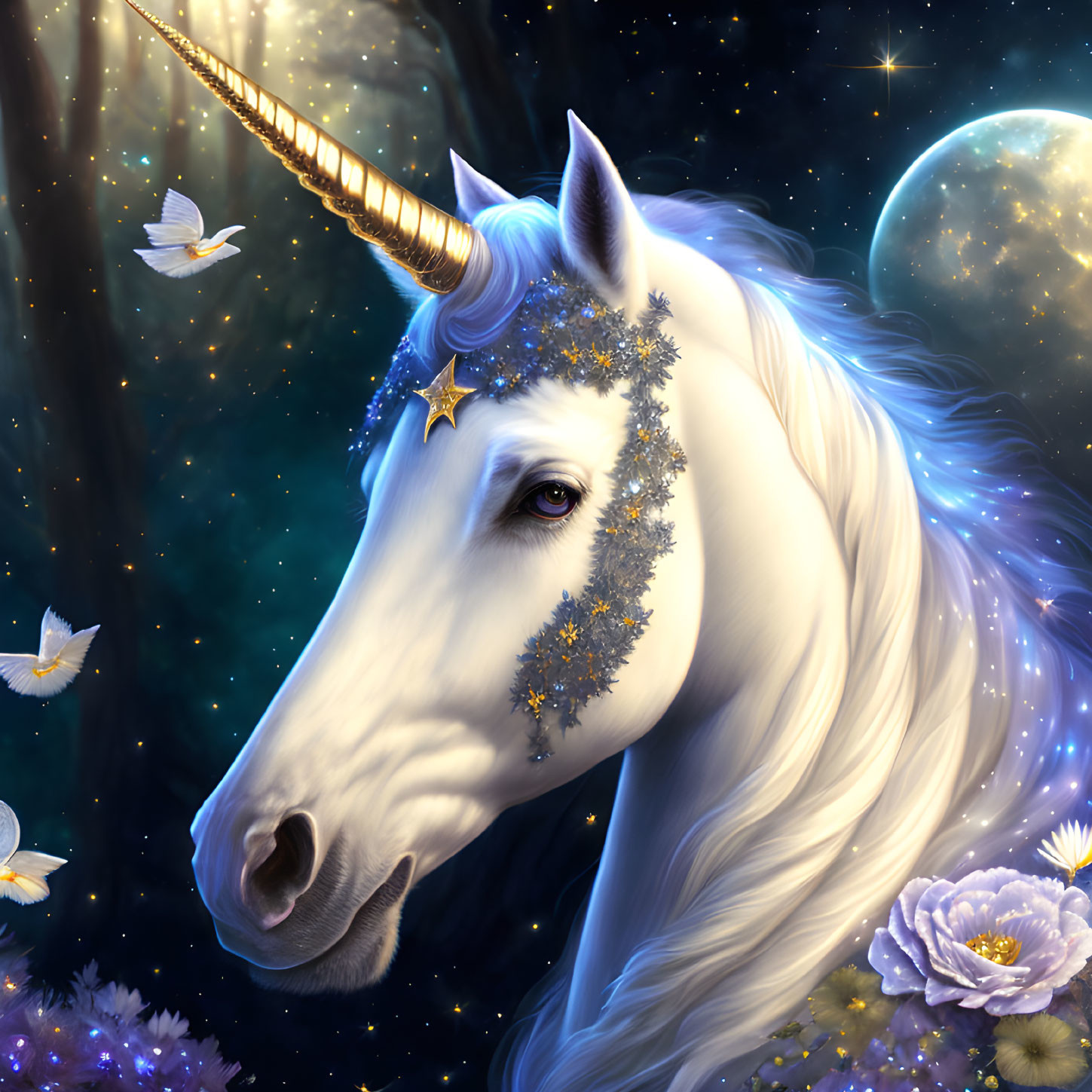 Majestic unicorn with golden horn and starry mane in moonlit scene