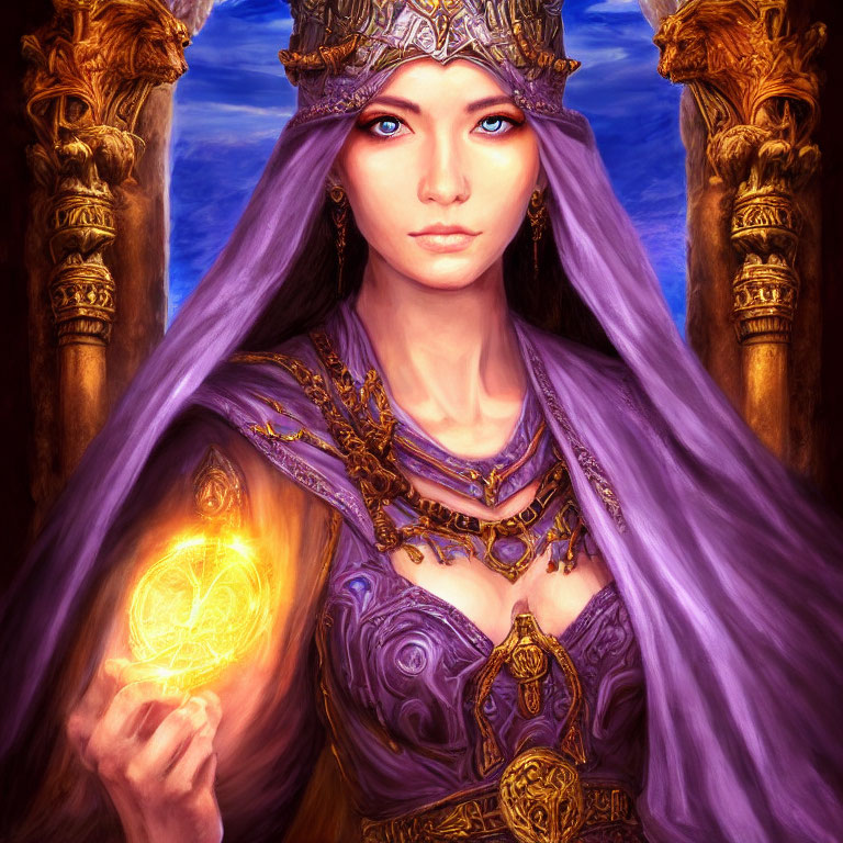 Regal woman in purple and gold gown with glowing magical symbol