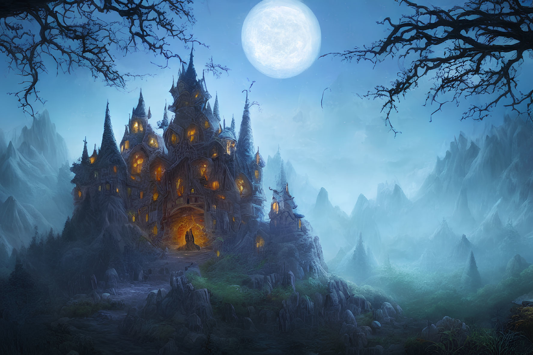 Moonlit Fantasy Landscape with Illuminated Castle and Misty Mountains