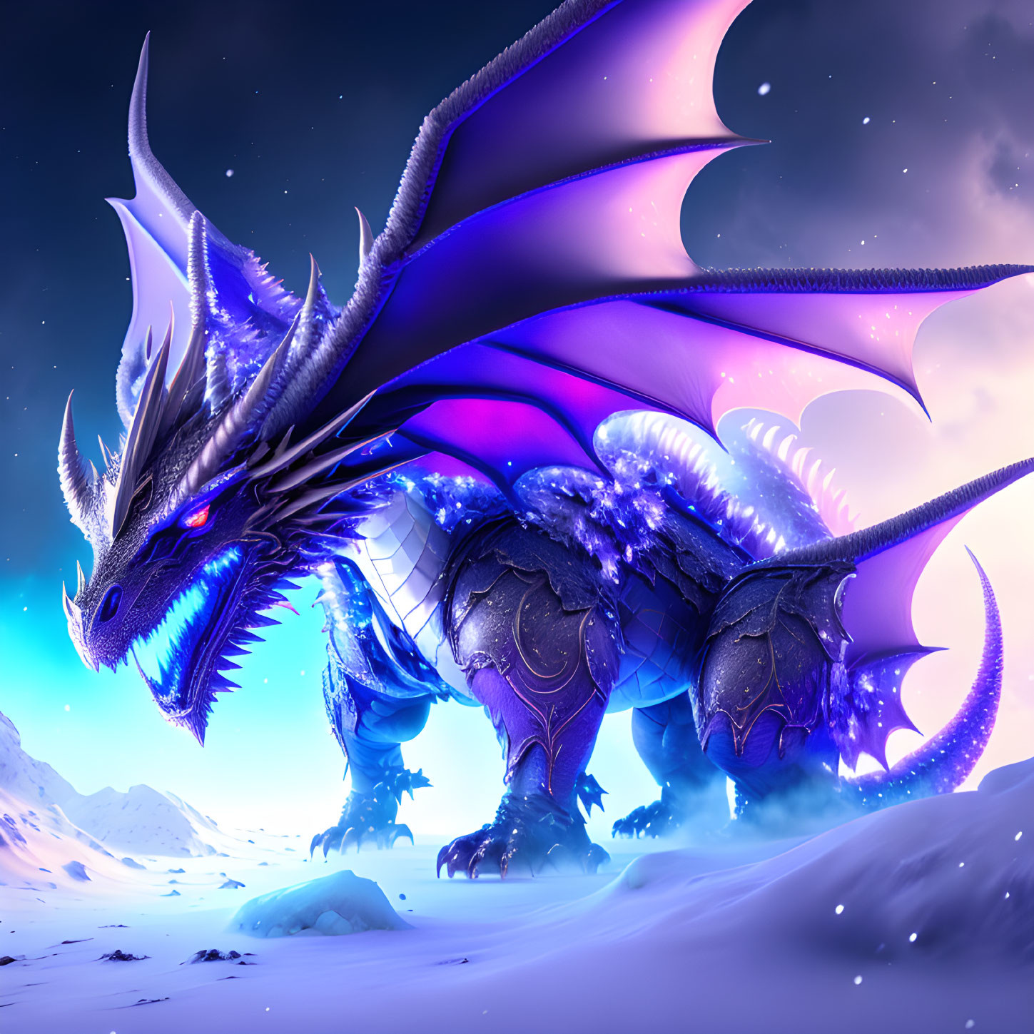 Blue Dragon with Purple Wings in Snowy Twilight Sky