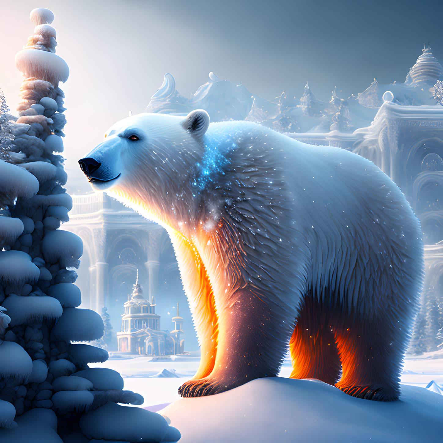 Luminous polar bear with star-like sparkles in snowy landscape