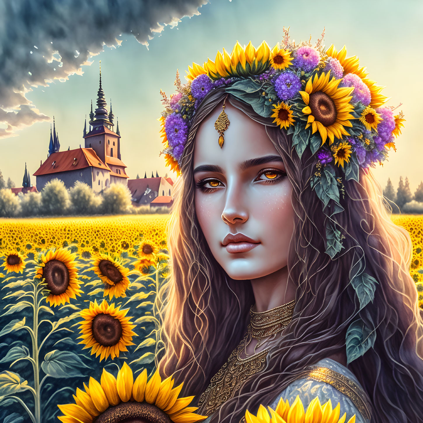 Digital artwork of woman with sunflower crown in sunflower field with castle and sunset sky.