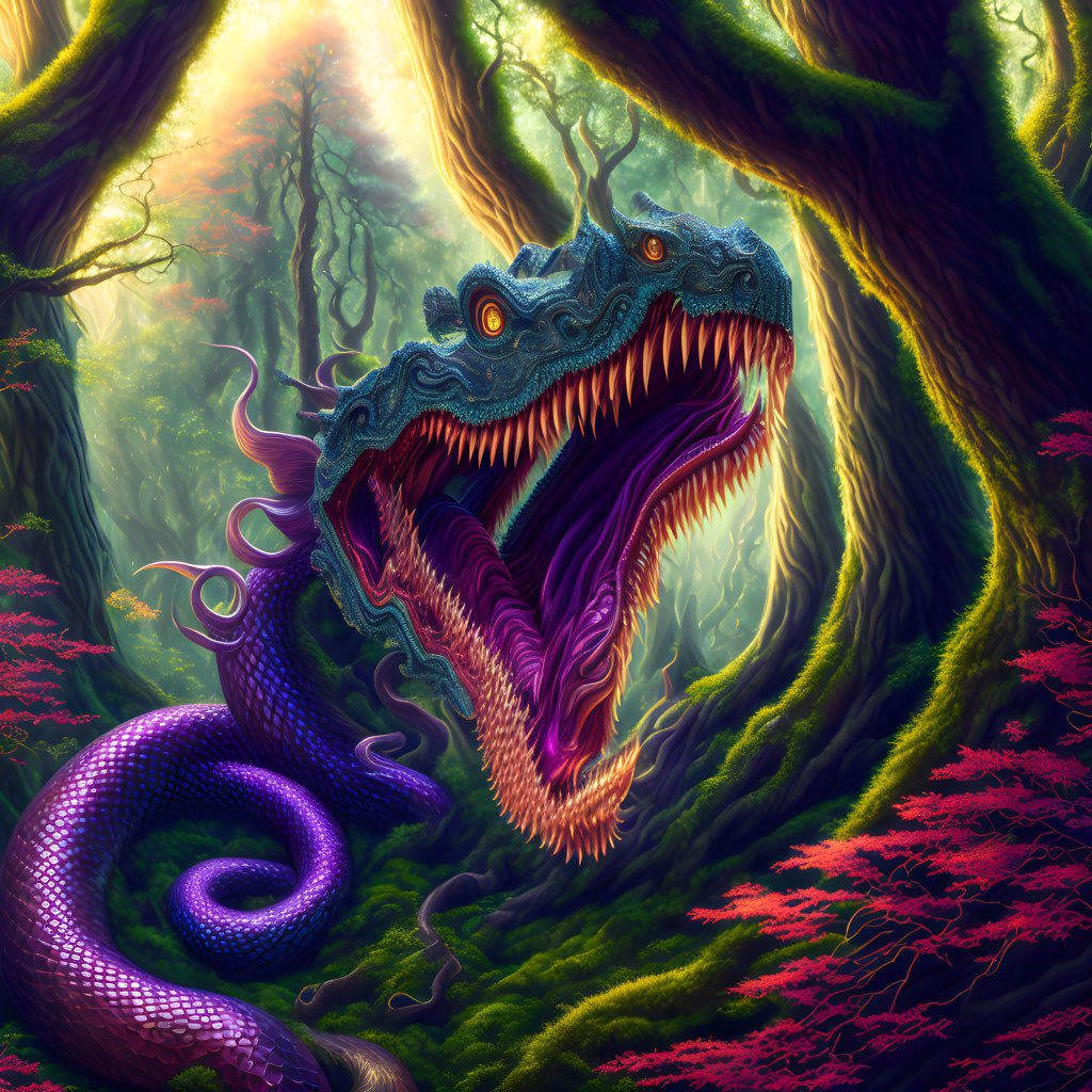 Mythical dragon in lush forest with radiant light