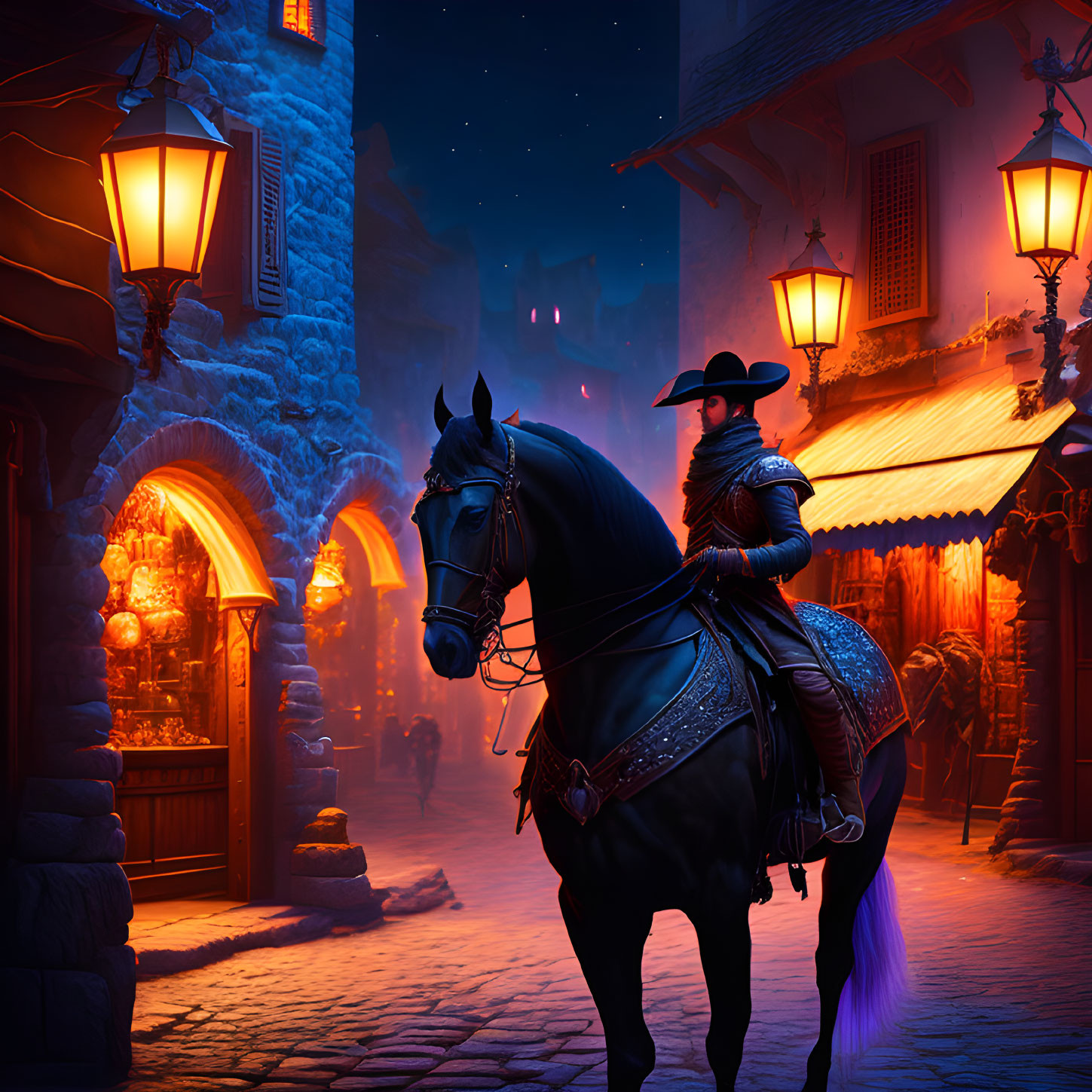 Cloaked Figure on Horse in Lantern-Lit Medieval Street at Night